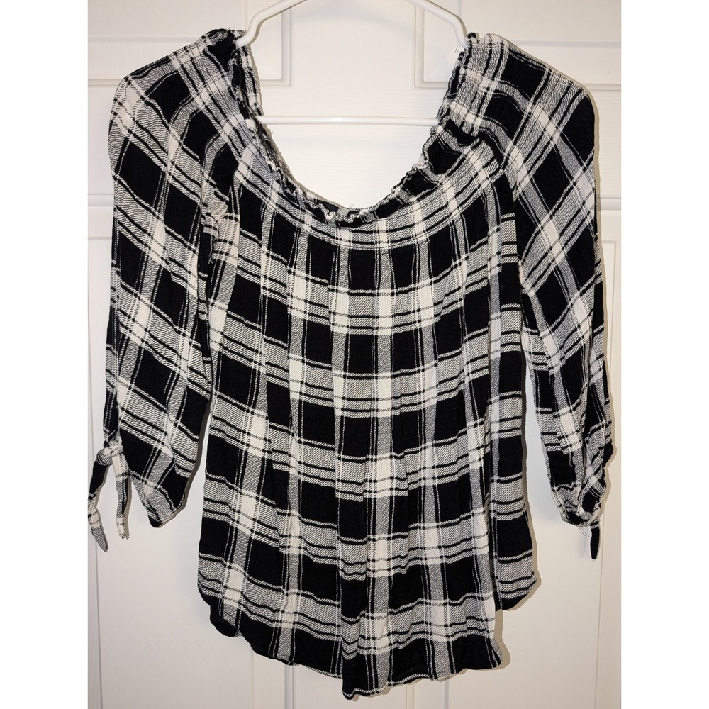 Living Doll LA M Black White Plaid Off Shoulder Peasant Blouse Boho